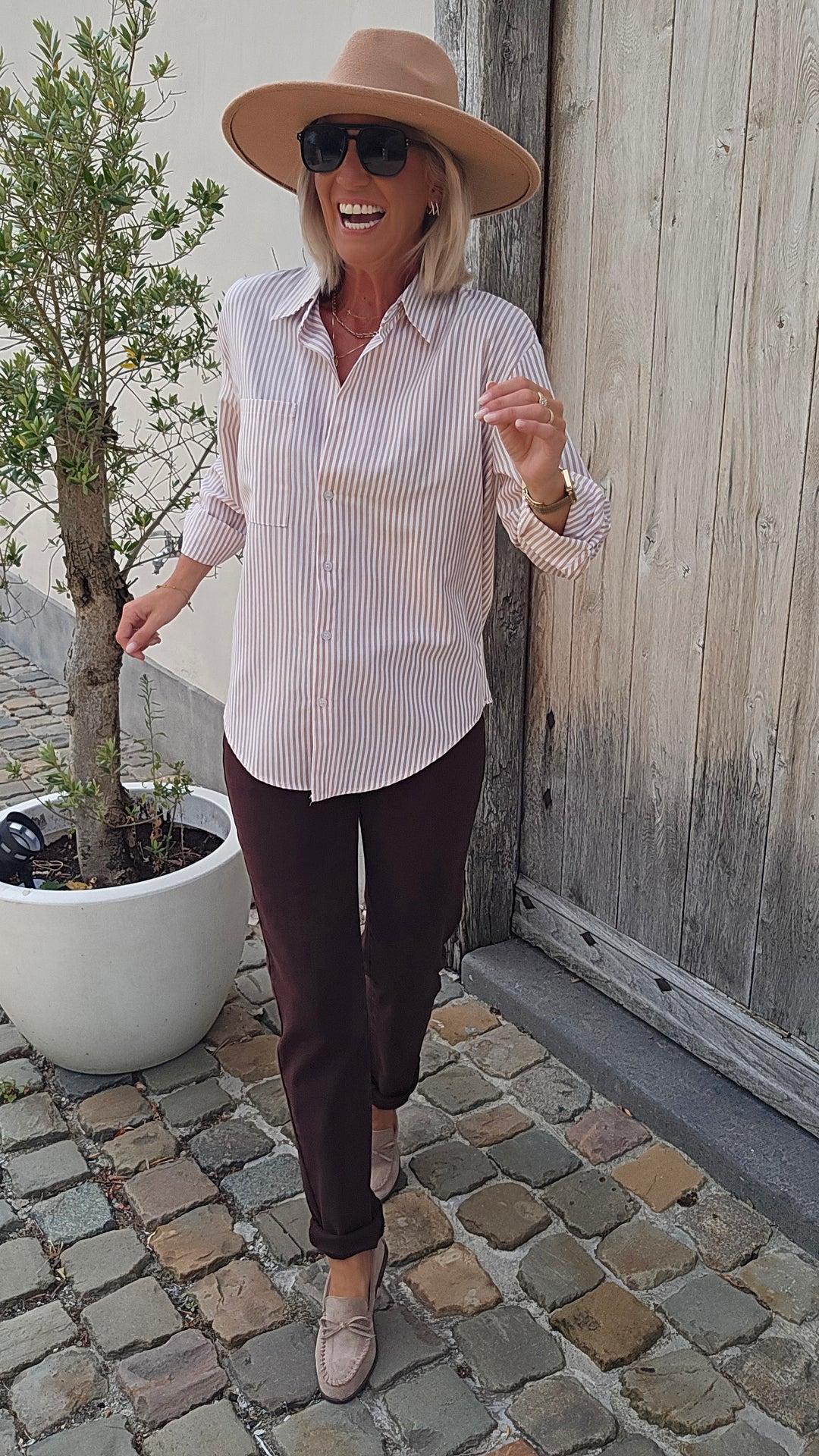 LOUIZE striped cotton shirt beige